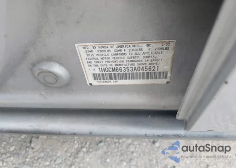 2003 Honda Accord 3.0 Lx z USA, uszkodzony, nr VIN 1HGCM66353A045621